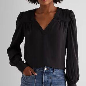 Satin V-Neck Cuff Sleeve Top Black Small NWT